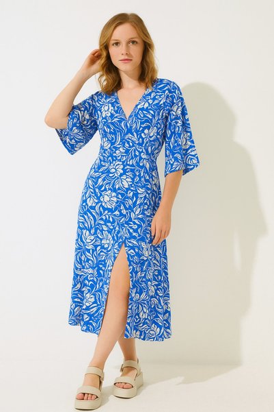 HAKKE Floral Pattern A-Line Double-Breasted Neck Midi Woven Dress