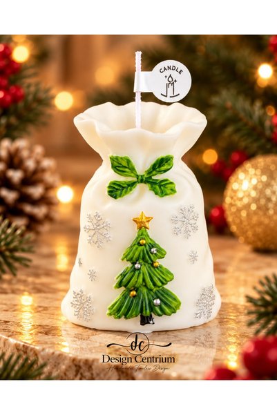 Design Centrium Yılbaşı Hediye Kesesi Mum – %100 Soya Wax, El Yapımı ve El Boyaması Dekoratif Çam Ağacı Mum