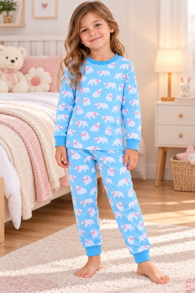 elmas kids Girl's 100% Cotton Light Blue and White Teddy Bear Print Long Slee...