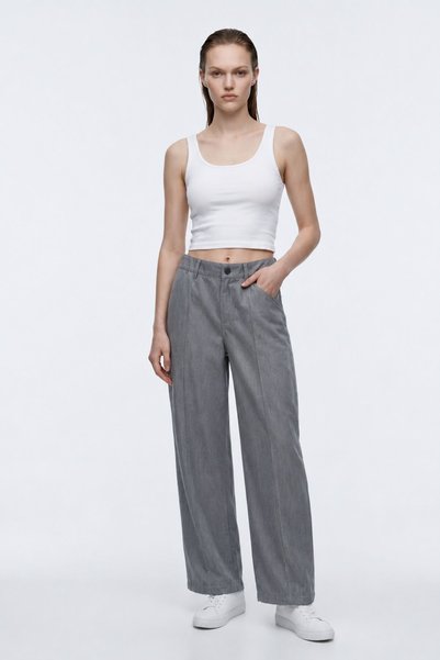 HAKKE Women's High Waist Pleated Detailed Polyviscon Wide Leg Trousers