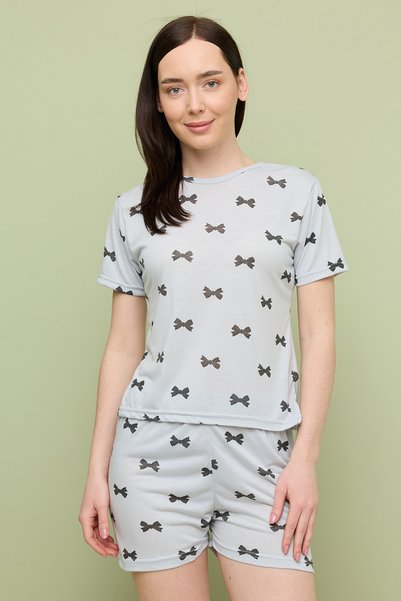 Fulla Moda Bow Patterned Crew Neck Shorts Pajama Set