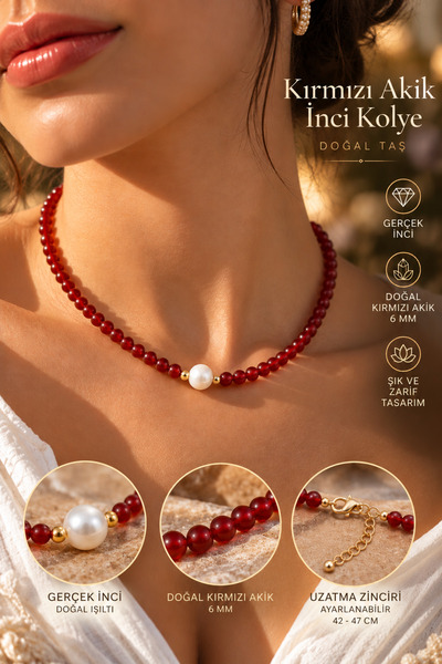 NBS Beautiful Naturel Stones Women's Real Pearl and Red Agate Necklace Elegan...