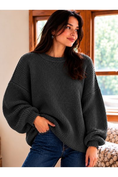ModaAzen Anthracite Crew Neck Oversize Women's Knitwear Sweater