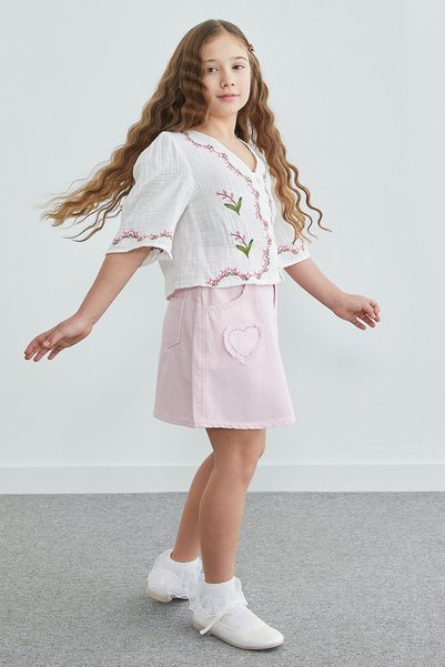 Fulla Moda Stoned Heart Embroidered Girl's Jean Skirt