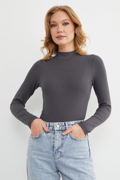 Fulla Moda Ribbed High Neck Snap Fastener Bodysuit