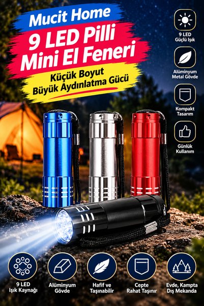 mucit home 9 LED’li Pilli El Feneri Pratik ve Ekonomik Aydınlatma Kompakt Gün...