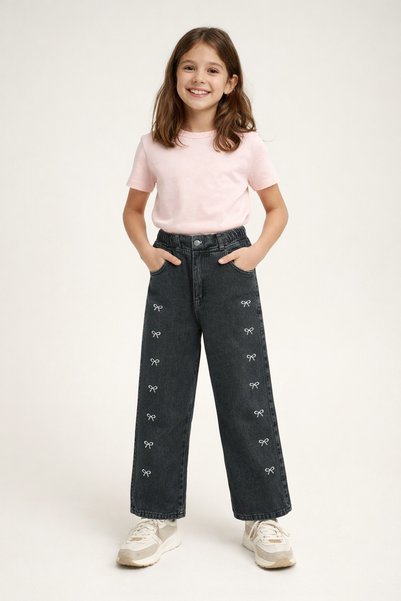 Fulla Moda Elasticated Waist Girls' Trousers with Bow Embroidery