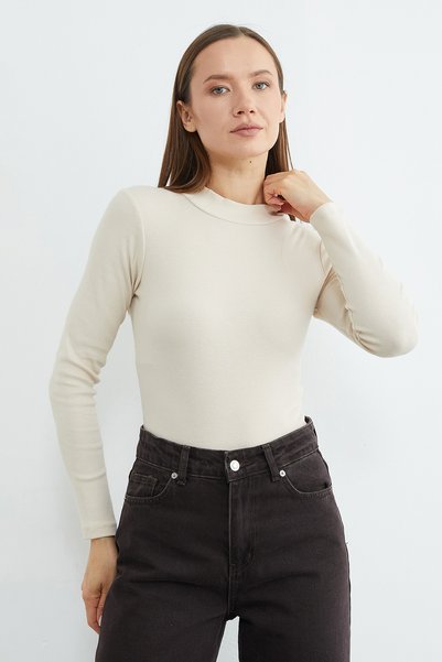 Fulla Moda Ribbed High Neck Snap Fastener Bodysuit