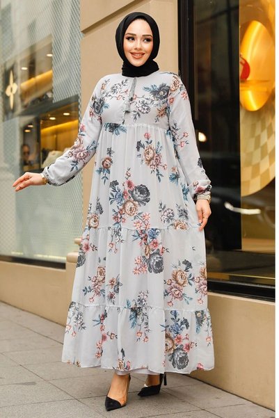Neva Style Flower Patterned Gray Hijab Dress 22052GR