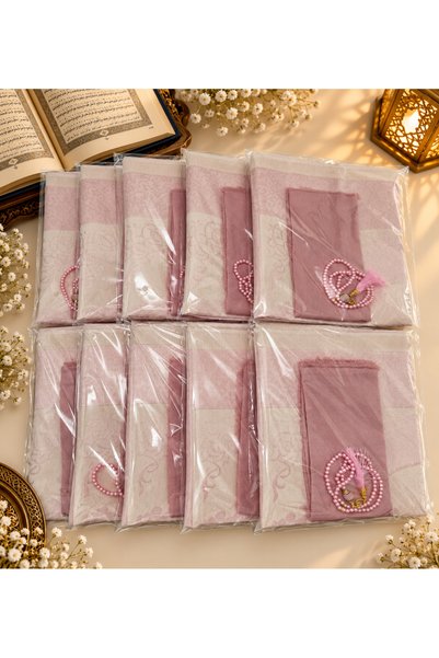 LenaToptan 10 Pieces Pink Prayer Rug, Flared Scarf and Prayer Beads Set, Hajj...