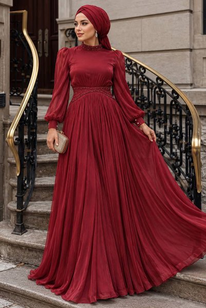 N.S NEVA STYLE Beaded Detailed Burgundy Hijab Evening Dress 52751Br