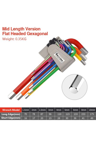 Choice1 Mid Length Flat Head Allen Key Sets 9 PCS Hexagon Spanner Colorful Un...