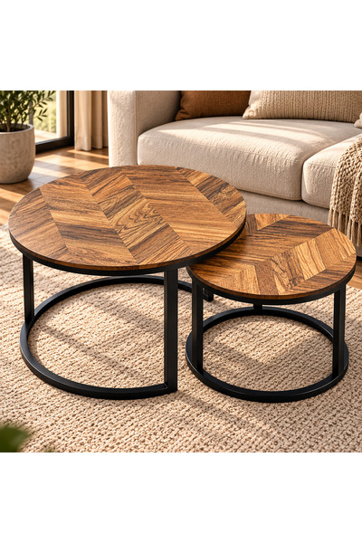 Generic Brand Set 2 Măsuțe de Cafea Rotunde, Blat MDF, Cadru Metalic Negru, 7...