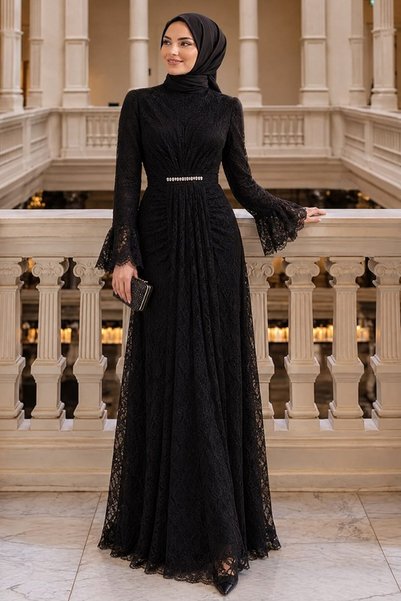 N.S NEVA STYLE Lace Black Hijab Evening Dress 56621S