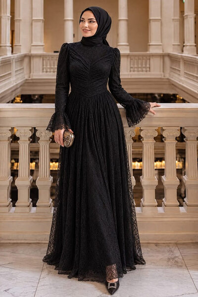 N.S NEVA STYLE Spitzenbesetztes schwarzes Hijab-Abendkleid 56561S