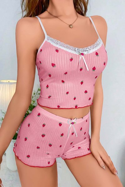 Fulla Moda Strawberry Patterned Lace Detailed Shorts Pajama Set
