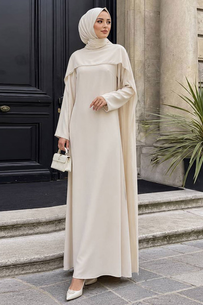 N.S NEVA STYLE Beige Hijab Evening Dress with Cape 55481Bej