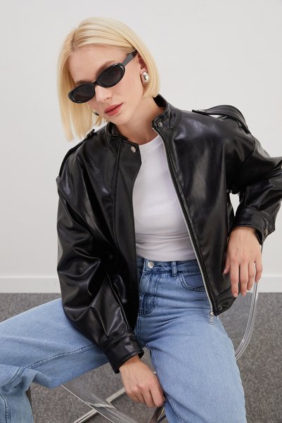 Fulla Moda Zippered Stand Collar Pleated Faux Leather Jacket