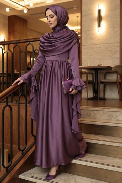 N.S NEVA STYLE Satin Dark Rose Dry Flower Hijab Evening Dress 55461Kgk