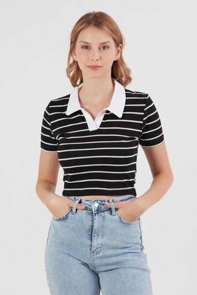 Fulla Moda Striped Polo Neck T-Shirt
