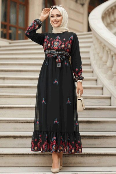 Neva Style Floral Patterned Black Hijab Dress 23231S