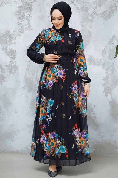 Neva Style Floral Print Black Hijab Dress 34468S