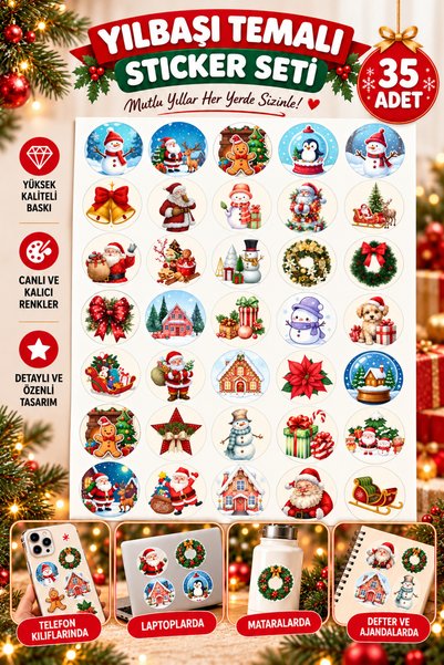 CANVELA 35 Adet Yuvarlak Yılbaşı Temalı Noel Baba Kardan Adam Yılbaşı Çam Ağa...