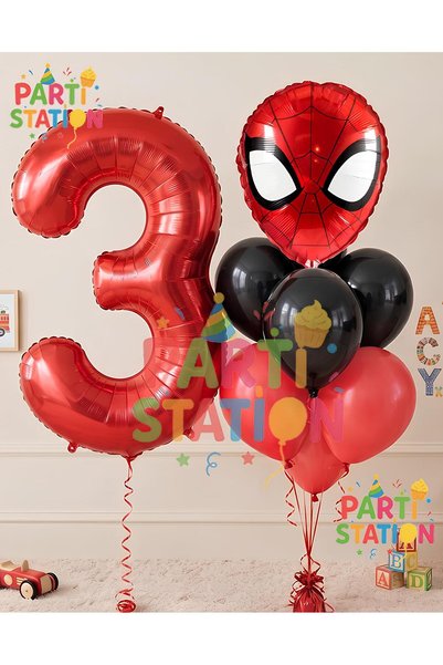 Parti Station Örümcek Adam 3 Yaş Balon ve Kırmızı Rakam Balon Doğum Günü Part...