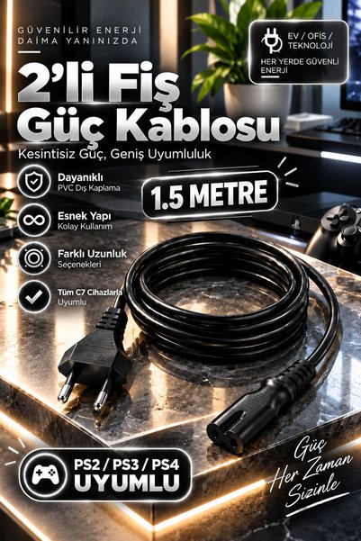 MVLH 1.5 Metre 2’li Fiş C7 Güç Kablosu
