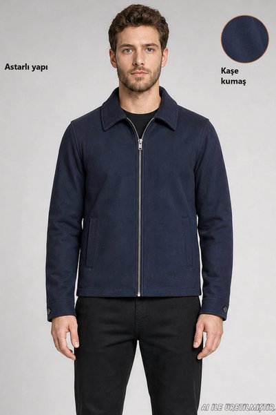 Freemen Men's Navy Blue Classic Collar Lined Cashmere Jacket