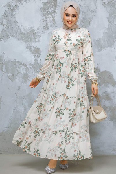 Neva Style Floral Print Khaki Hijab Dress 22054Hk