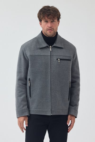 TREND KOMBİN Men's Gray Color Wide Fit Zippered Quilted and Fur Lined Cashmer...