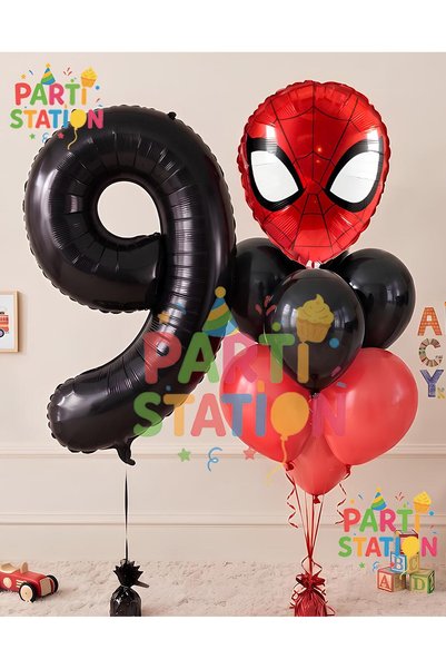 Parti Station 9 Years Old Spiderman - Spiderman Black Balloon and Figure Part...