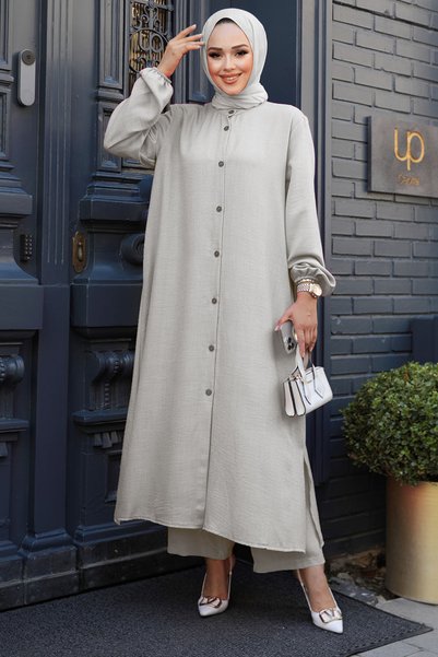 N.S NEVA STYLE Buttoned Gray Hijab Double Suit 19017Gr