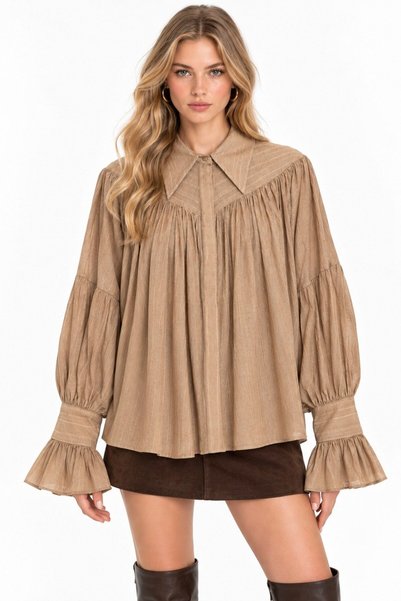 Saade Dark Mink Women's Oversized Gathered Off-Shoulder Textured Shirt - Cuff...