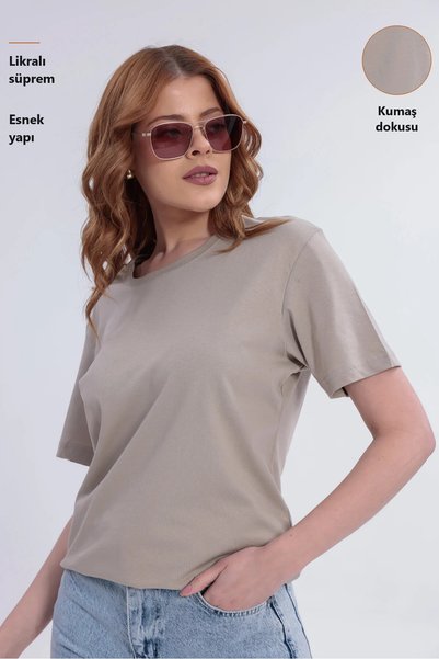 Freemen Kadın Bej Basic Rahat Kalıp Likralı Tişört