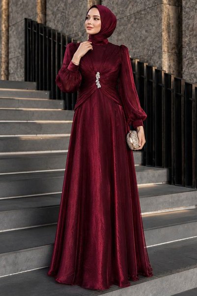 N.S NEVA STYLE Stone Buckle Draped Dark Burgundy Hijab Evening Dress 5705Kbr