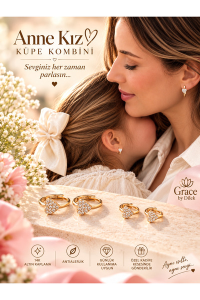 GRACEbyDilek 14K ALTIN KAPLAMA KARARMAZ ANNE KIZ KÜPE KOMBİN (BİR ÇİFT ANNE B...