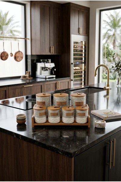 Bin Shihoun Ceramic Spice Jar Set of 7 Spice Jars with Wooden Rack with the Same Style Stand