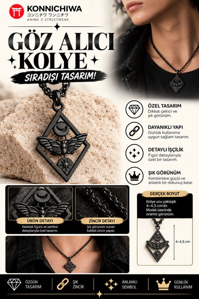 FG KONNİCHİWA Black Butterfly Moon Star Motif Gothic Necklace
