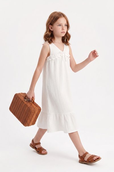 Fulla Moda Muslin Fabric Girl's Dress with Tie Front and Straps
