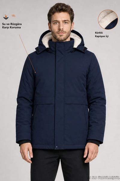 Freemen Men's Navy Blue Ribbed Coat with Fur Inside the Hood, Water and Wind ...