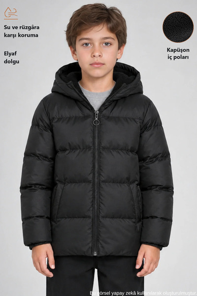 Freemen Boy's Black Fleece Fur Hooded Waterproof Wind Resistant Pocket Puffer...