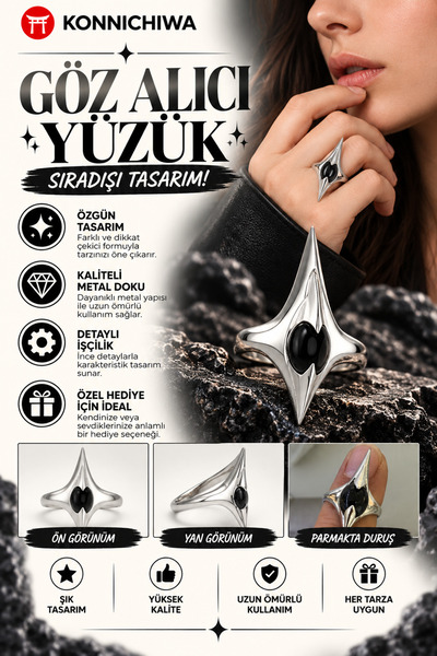 FG KONNİCHİWA Eye-Catching Purple Stone Black Gothic Ring Gotic Ring – Comple...