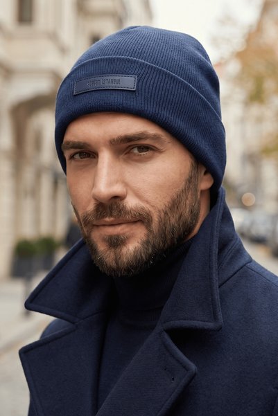 Sofist İstanbul Dark Blue Unisex Basic Beanie Folded Navy Blue Ribbed Knit Cl...