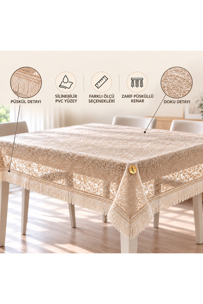 Altın Çeyiz Tekstil Püsküllü İthal Pvc Muşamba -Çizgili Desenli Silinebilir M...