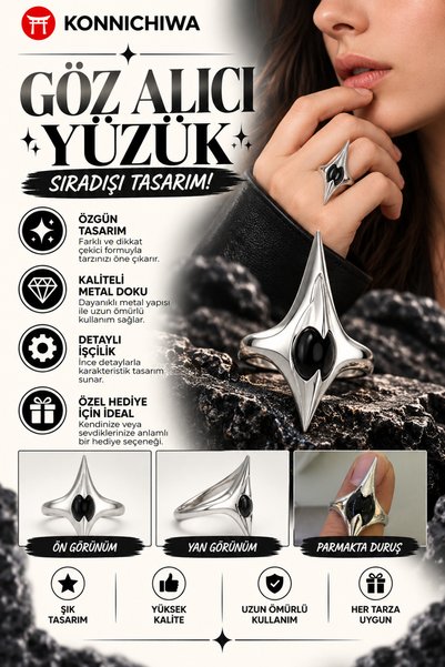 FG KONNİCHİWA Eye-Catching Purple Stone Black Gothic Ring