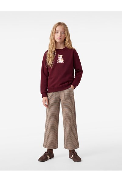 Koton Üç İplik Şardonlu Uzun Kollu Bisiklet Yaka Kedi Baskılı Sweatshirt
