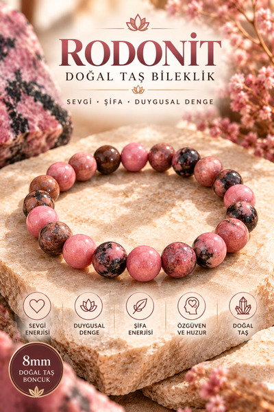 NBS Beautiful Naturel Stones Rodonit Gerçek Doğal Taş Bileklik 8 Mm