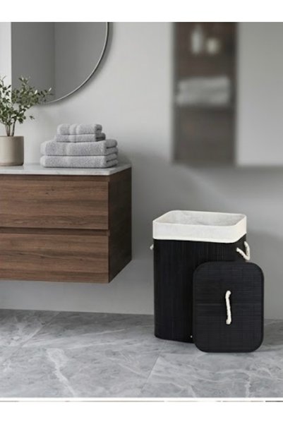 IN HOME STORE سلة غسيل وتنظيم من الخيزران الأسود مع غطاء ومقابض حبل
